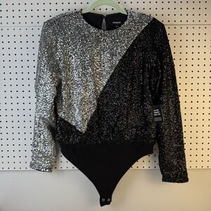 NWT Express Sequin Bodysuit Black Silver Long Sleeve Shoulder‎ Pads Y2K Glam